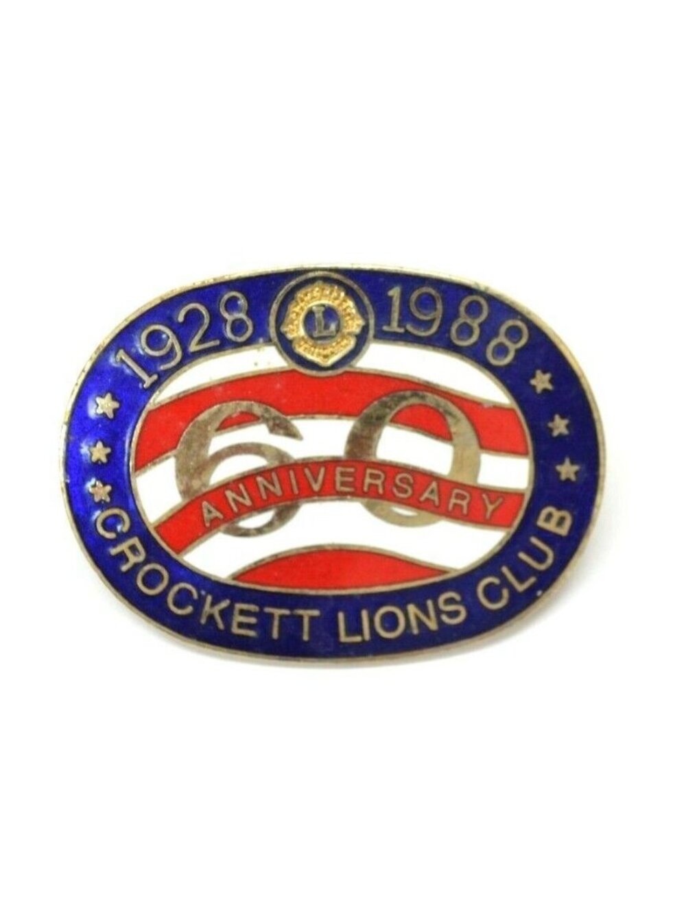 1988 Lions Club Brooch Pin Crockett 60th Gold Tone Enamel Lapel Hat Bag Gear